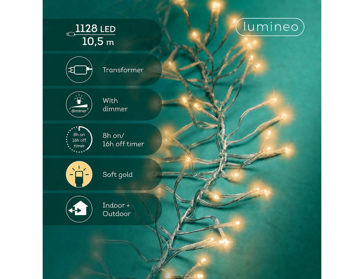 Lumineo LED-Lichterkette Lumineo, Lichterkette CLUSTER 1128 LED 10,5 m Soft Gold, transp. Kabel, Indoor/Outdoor, dimmbar, 8h-Timer, + 5 m Zuleitung Bild 5