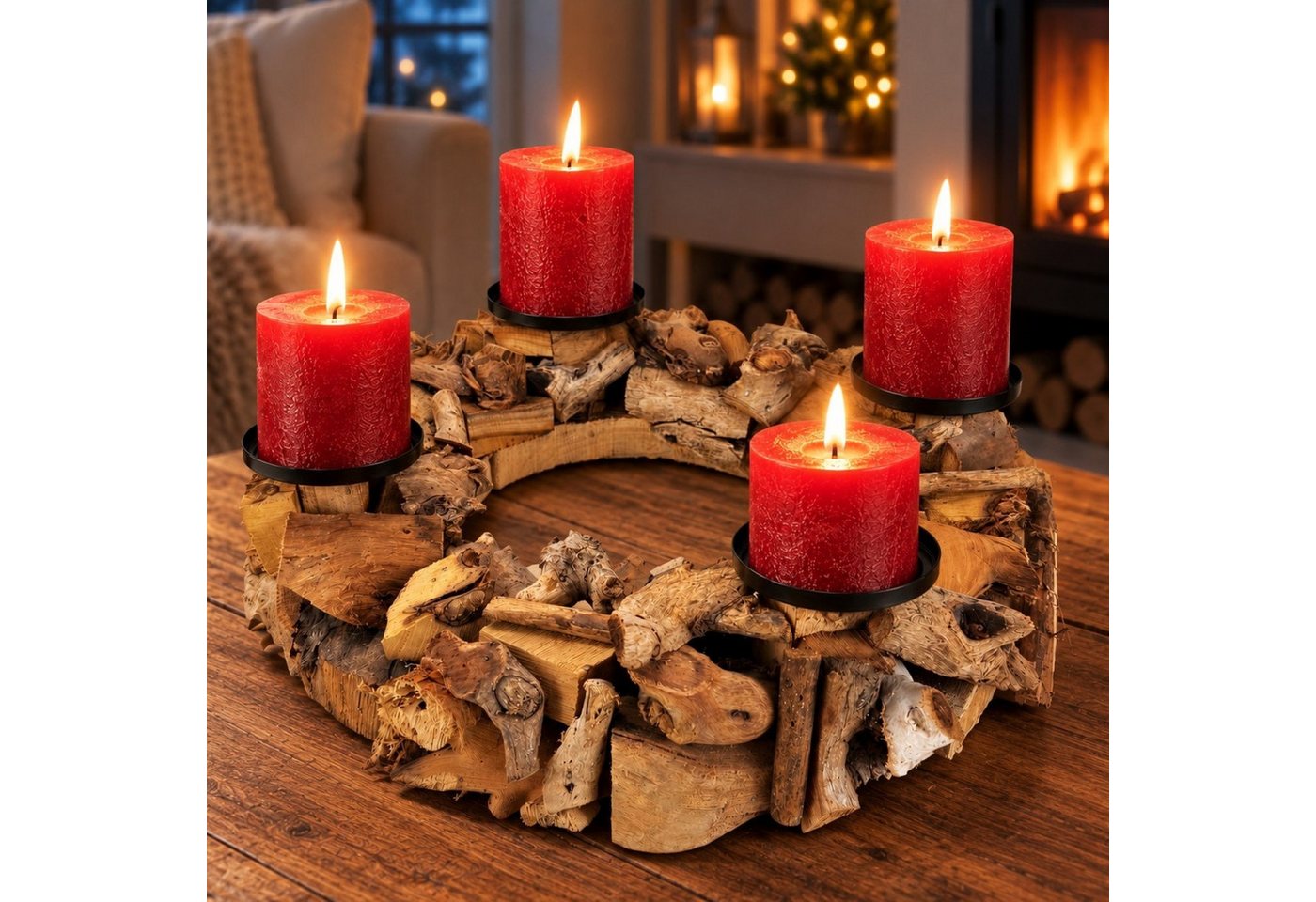 Online-Fuchs Adventskranz für Stumpenkerzen im natürlich Treibholz Look - Weihnachtsdeko, für eine warme und rustikale Atmosphäre in die Weihnachtszeit