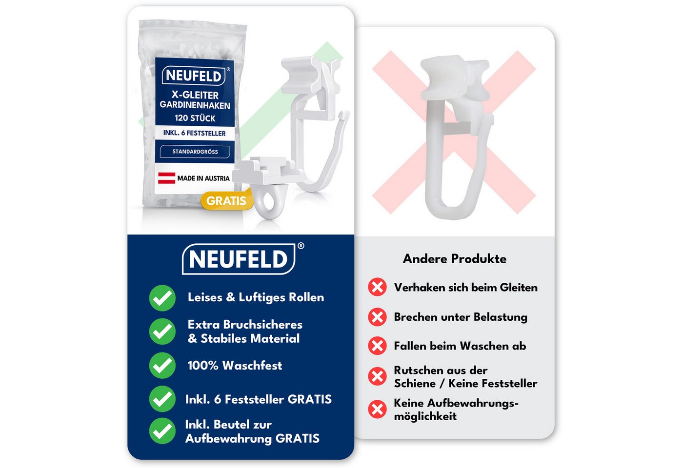 NEUFELD Gardinengleiter X-Gleiter 120 Stück inkl. 4 Feststeller, für 6mm Innenlaufschienen, (Set, 120 X-Gleiter inkl. 6 Feststeller), waschfest · leichtgängig · geräuscharm · robust Bild 2
