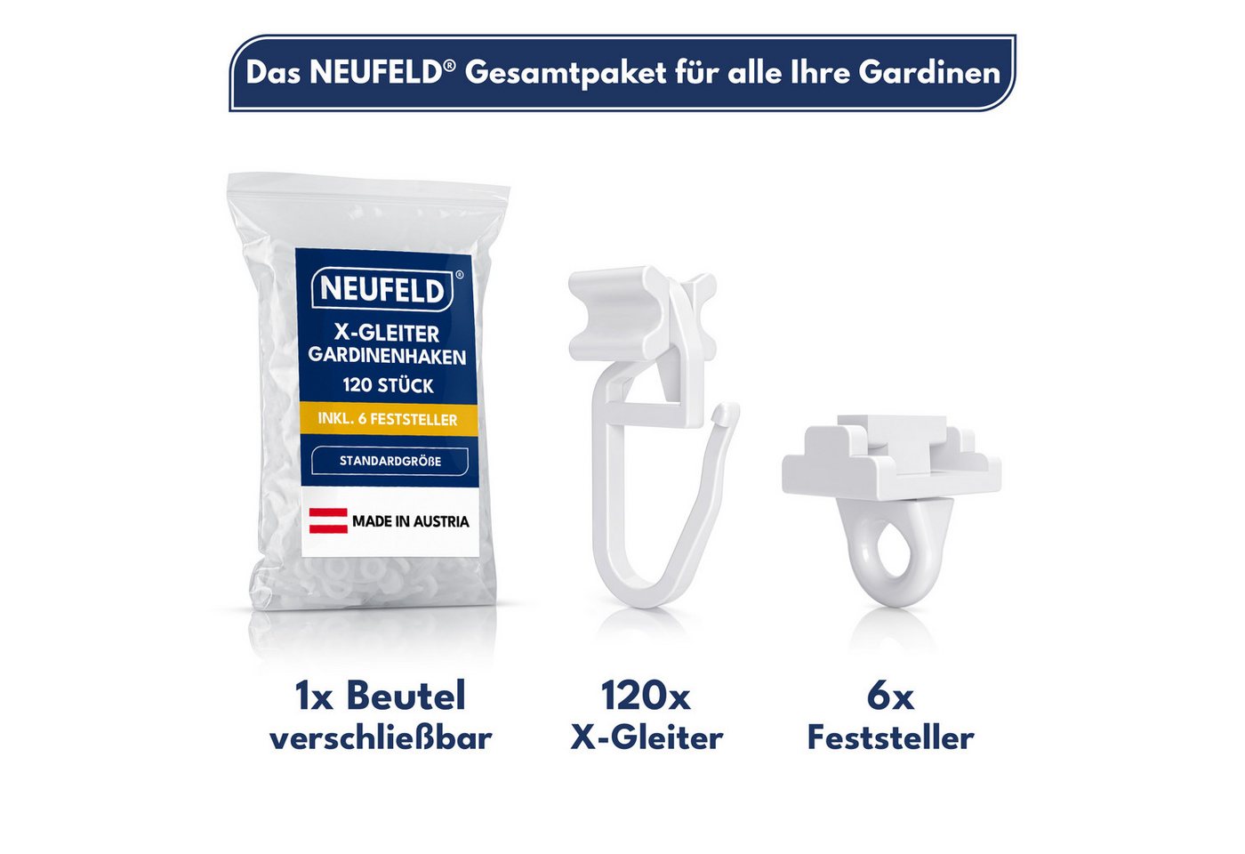 NEUFELD Gardinengleiter X-Gleiter 120 Stück inkl. 4 Feststeller, für 6mm Innenlaufschienen, (Set, 120 X-Gleiter inkl. 6 Feststeller), waschfest · leichtgängig · geräuscharm · robust Bild 4