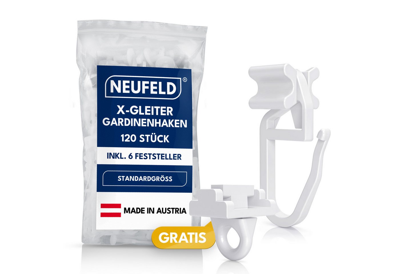NEUFELD Gardinengleiter X-Gleiter 120 Stück inkl. 4 Feststeller, für 6mm Innenlaufschienen, (Set, 120 X-Gleiter inkl. 6 Feststeller), waschfest · leichtgängig · geräuscharm · robust Bild 5