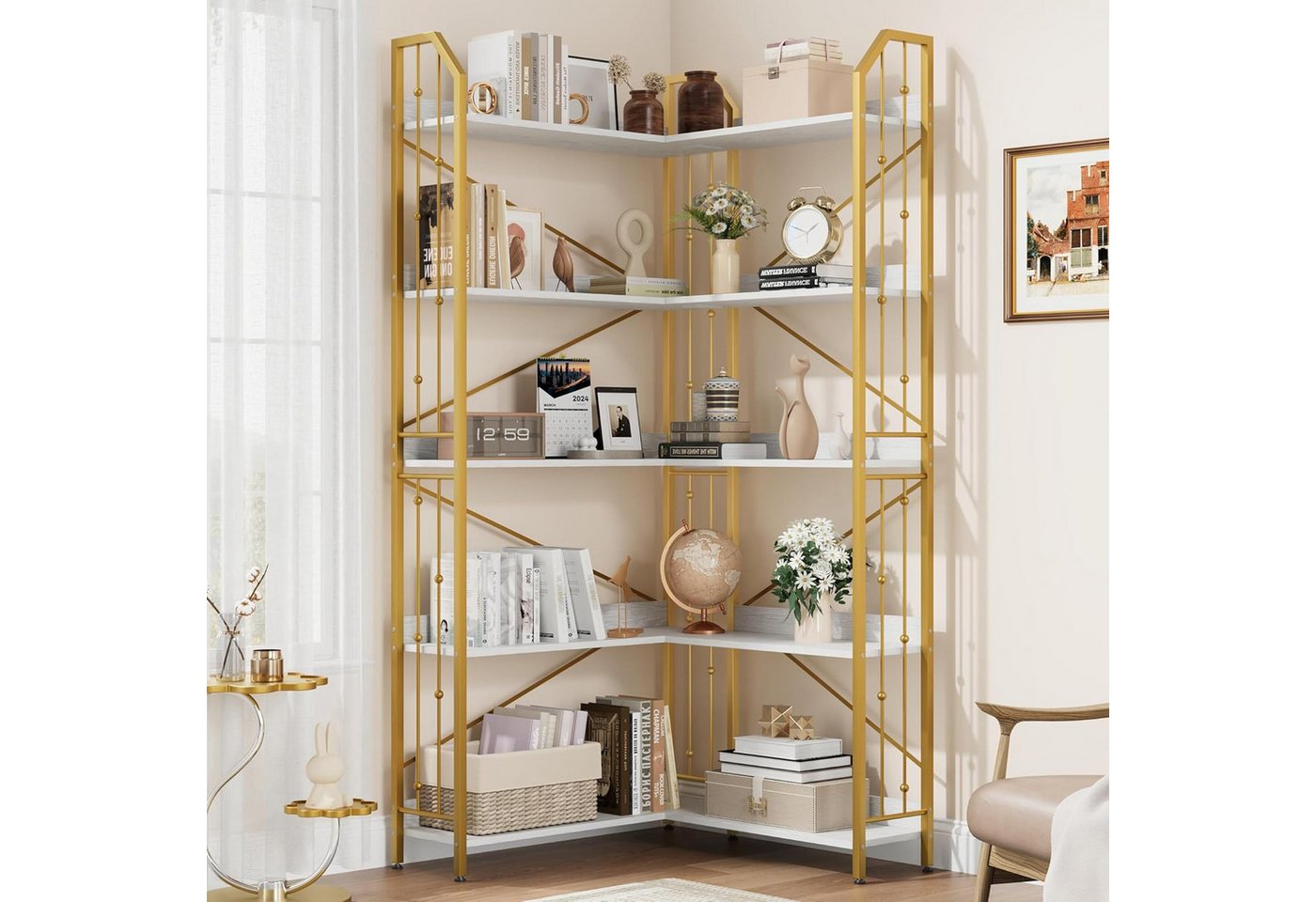 GarveeMore Bücherregal L-förmiges 5-stöckiges mit Perlenverzierung für Wohnzimmer, Eckregale Industrielles,Hohes Ausstellungsregal,83x83x183cm