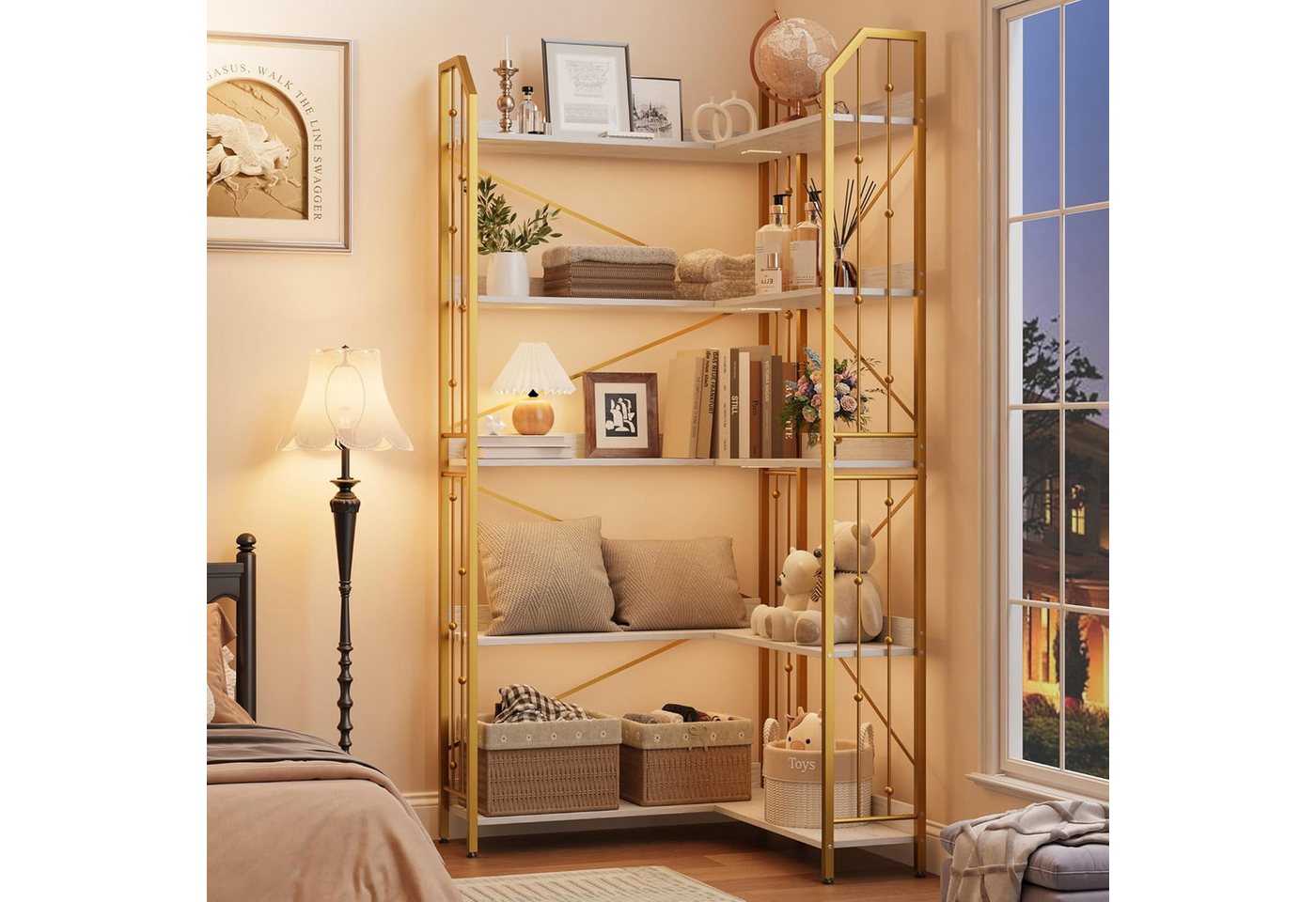 GarveeMore Bücherregal L-förmiges 5-stöckiges mit Perlenverzierung für Wohnzimmer, Eckregale Industrielles,Hohes Ausstellungsregal,83x83x183cm Bild 2
