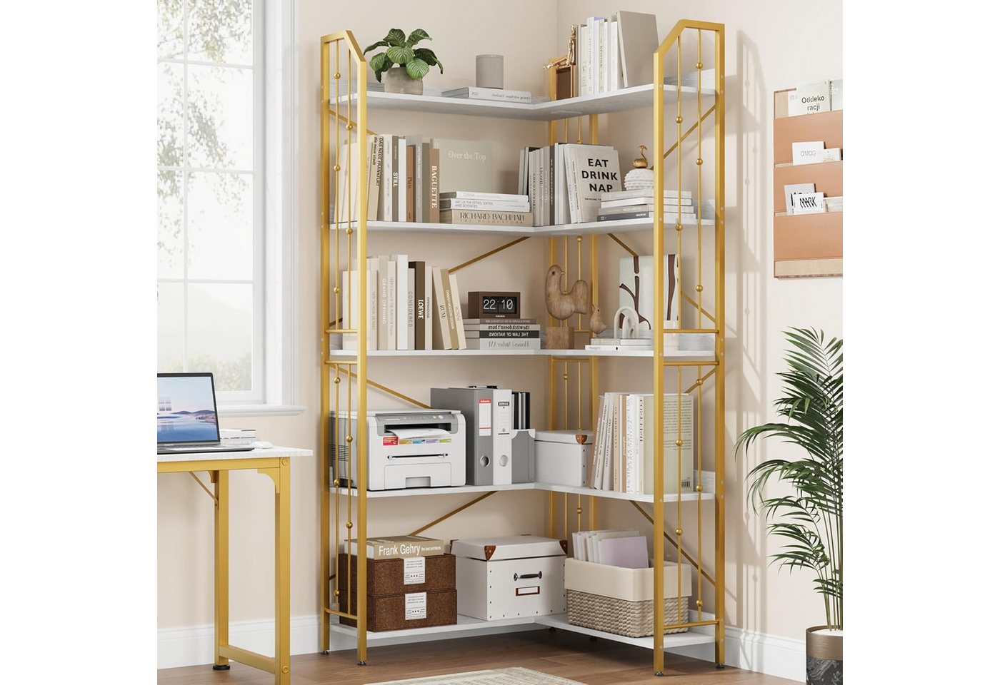 GarveeMore Bücherregal L-förmiges 5-stöckiges mit Perlenverzierung für Wohnzimmer, Eckregale Industrielles,Hohes Ausstellungsregal,83x83x183cm Bild 4