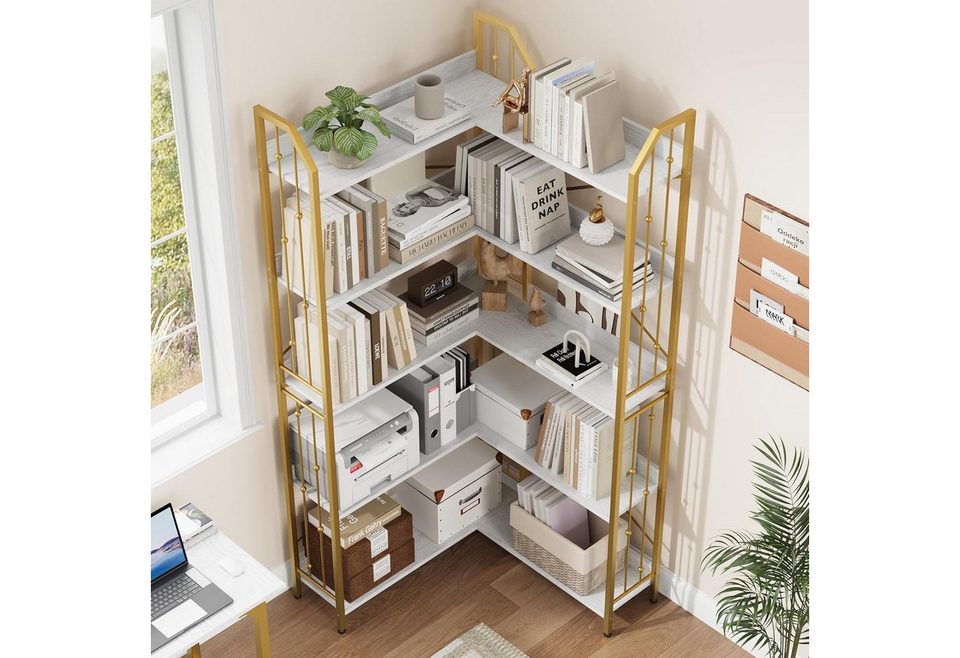 GarveeMore Bücherregal L-förmiges 5-stöckiges mit Perlenverzierung für Wohnzimmer, Eckregale Industrielles,Hohes Ausstellungsregal,83x83x183cm Bild 5