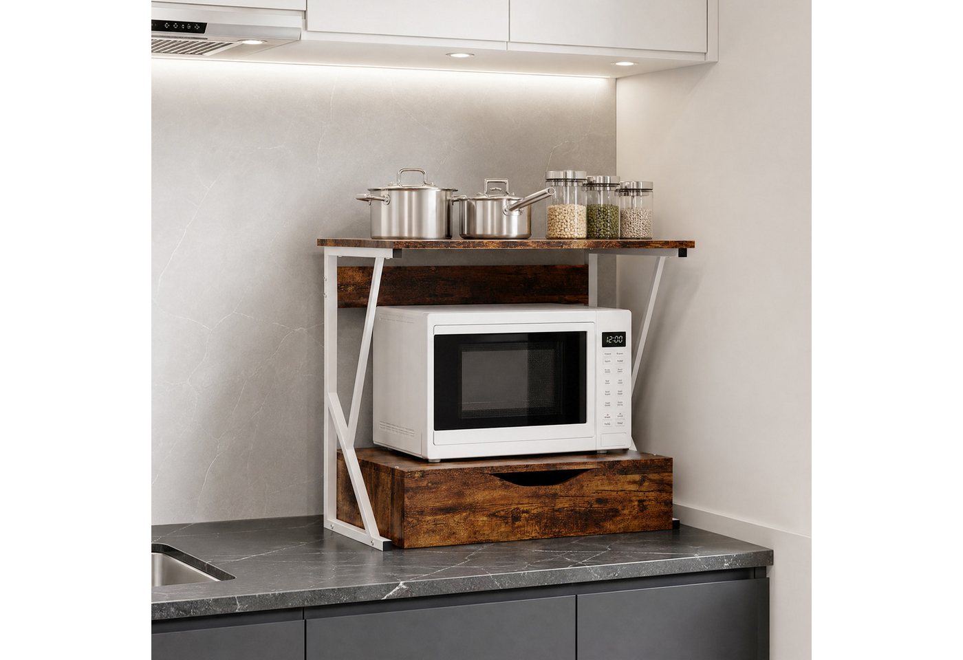 JEOBEST Küchenregal 2-Stufig Küche Mikrowelle Stand Regal, Gewürzregal, (1-tlg)Mikrowellenregal mit Schublade – Einfache Montage Bild 5