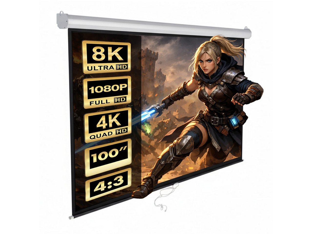 Maclean Leinwand MC-594 Projektionsleinwand 100'' (200 x 150 cm) halbauto, Auto-Lock, mattweiß, Wand- oder Deckenmontage Bild 2