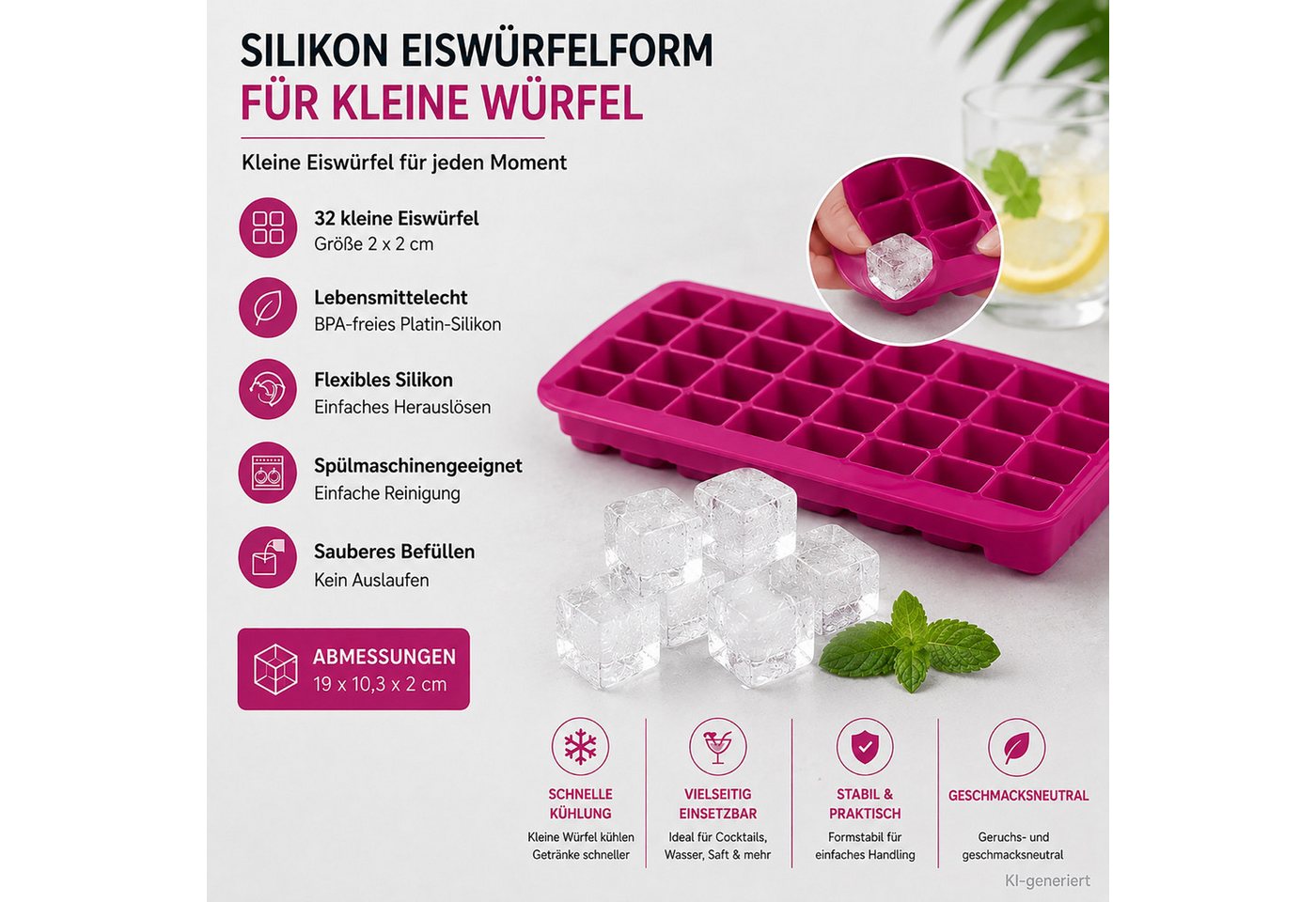 Lurch Eiswürfelform Eiswürfelbereiter Würfel 2 x 2 cm Fuchsia Bild 2