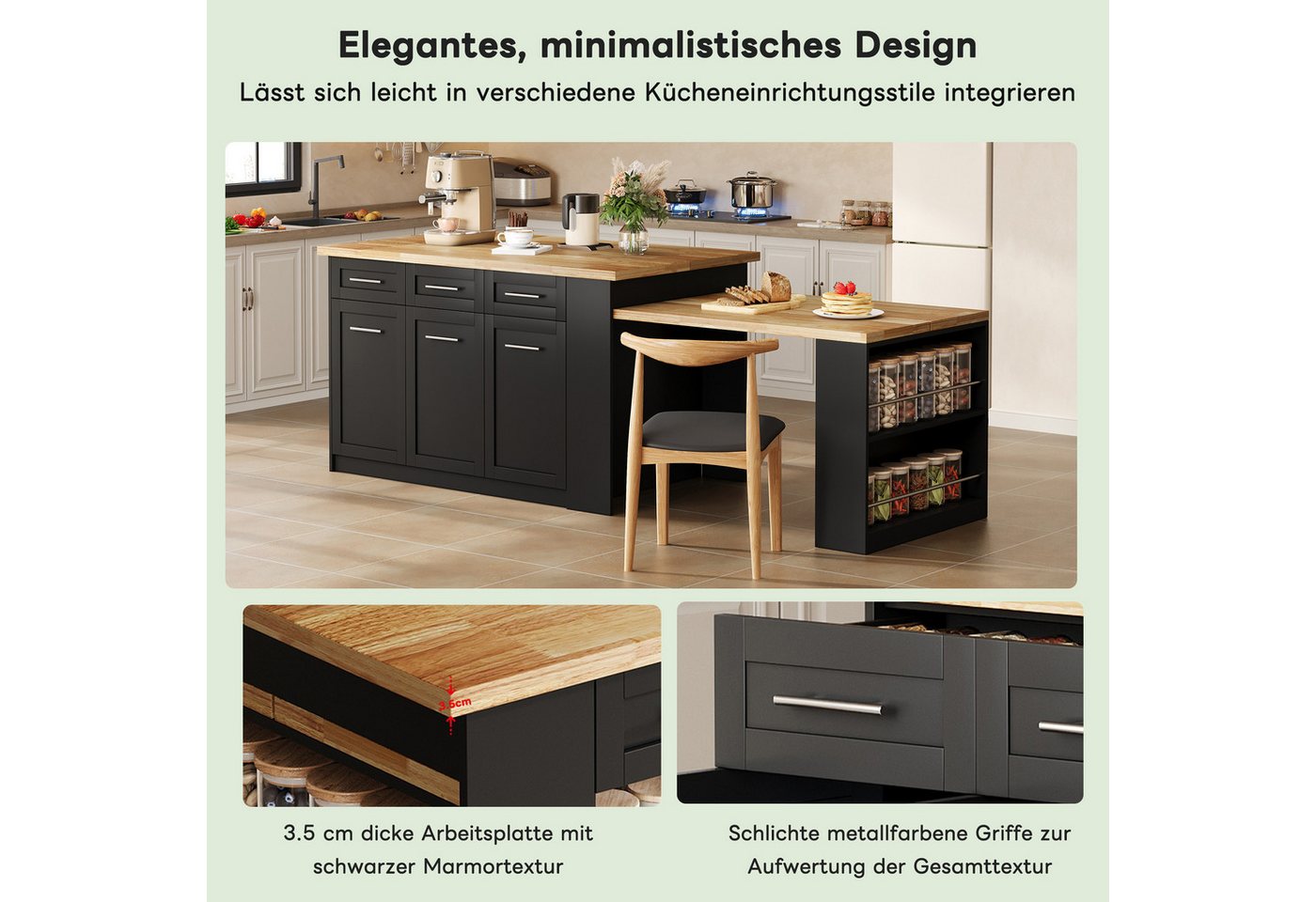 Flieks Kücheninsel mit ausziehbarer Esstisch und großer Stauraum, (Schrankmaße: B150/T90/H90 cm, Tischmaße: B96/T80/H75 cm), Küchenschrank mit Arbeitsplatte Holzoptik Buffetschrank Inselküche Bild 4