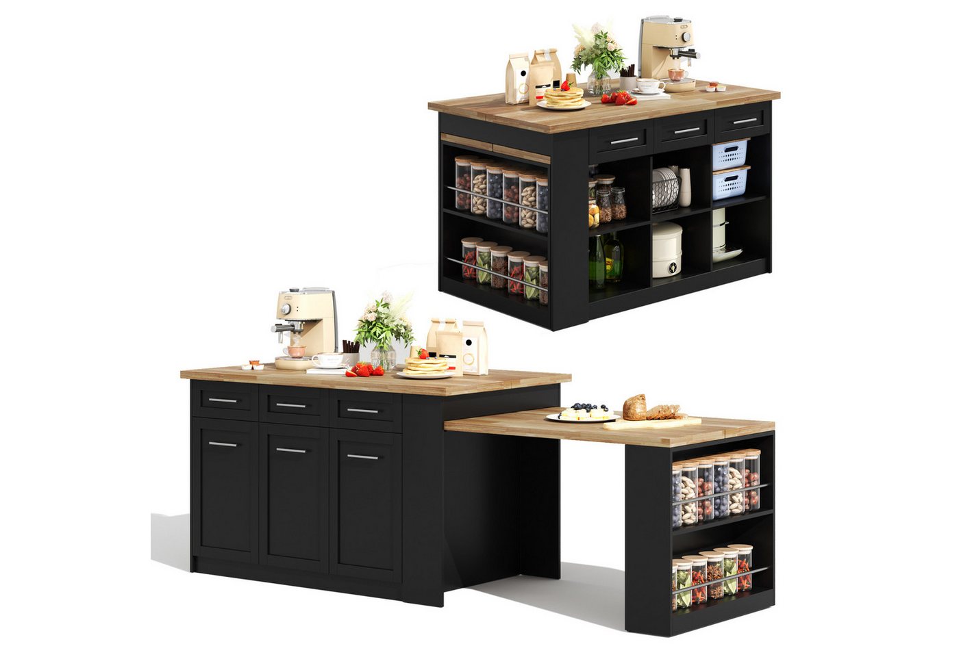 Flieks Kücheninsel mit ausziehbarer Esstisch und großer Stauraum, (Schrankmaße: B150/T90/H90 cm, Tischmaße: B96/T80/H75 cm), Küchenschrank mit Arbeitsplatte Holzoptik Buffetschrank Inselküche Bild 5