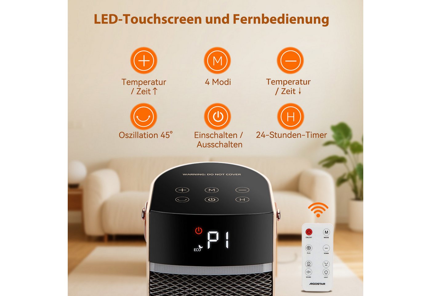 Aigostar Heizlüfter 2000W PTC Keramik Heizlüfter, Energiesparend, Fernbedienung, 24H, Weiß Bild 3