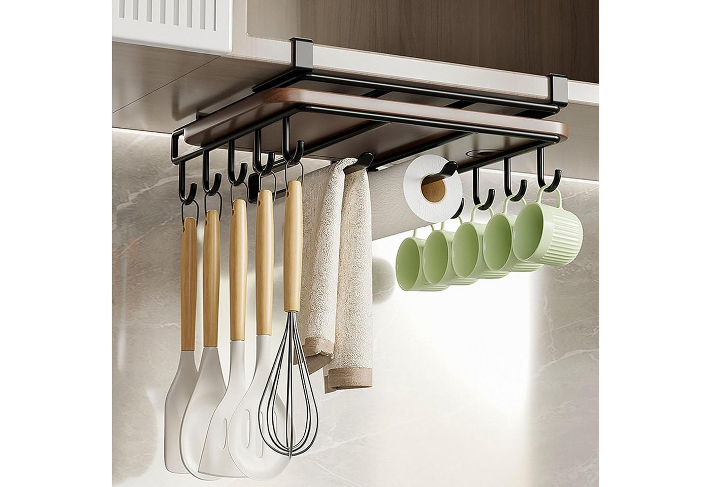 Athlix Küchenorganizer-Set Unterbau-Küchenorganizer Hängeregal für Handtücher Besteck Regal, (Haken für Handtücher, Schneidebretter & Topfdeckel), Einhängesystem unter dem Schrank, Doppel-Etage Bild 5