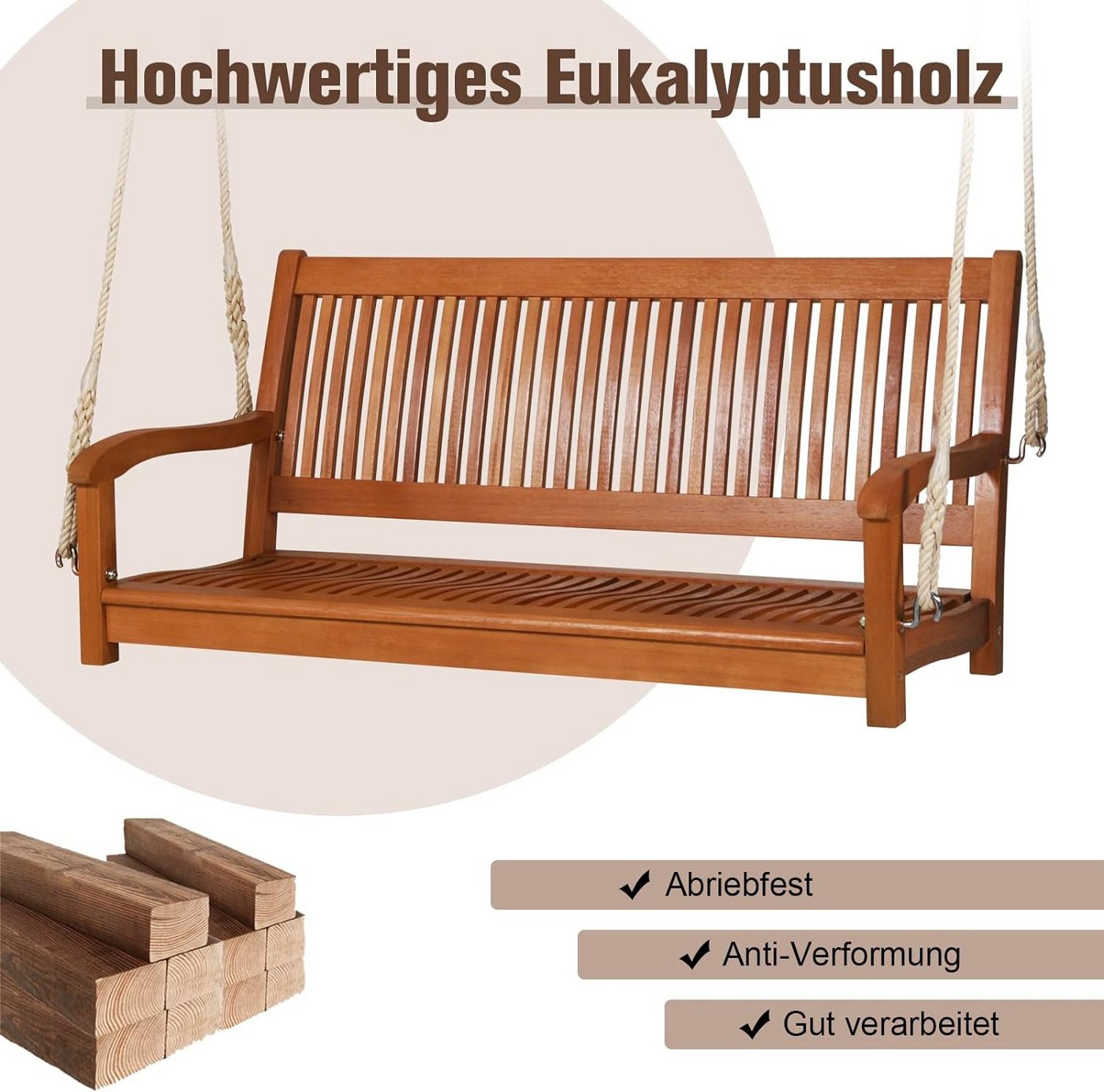 KOMFOTTEU Doppelschaukel Hängebank, aus Akazienholz, bis 360kg Belastbar Bild 2