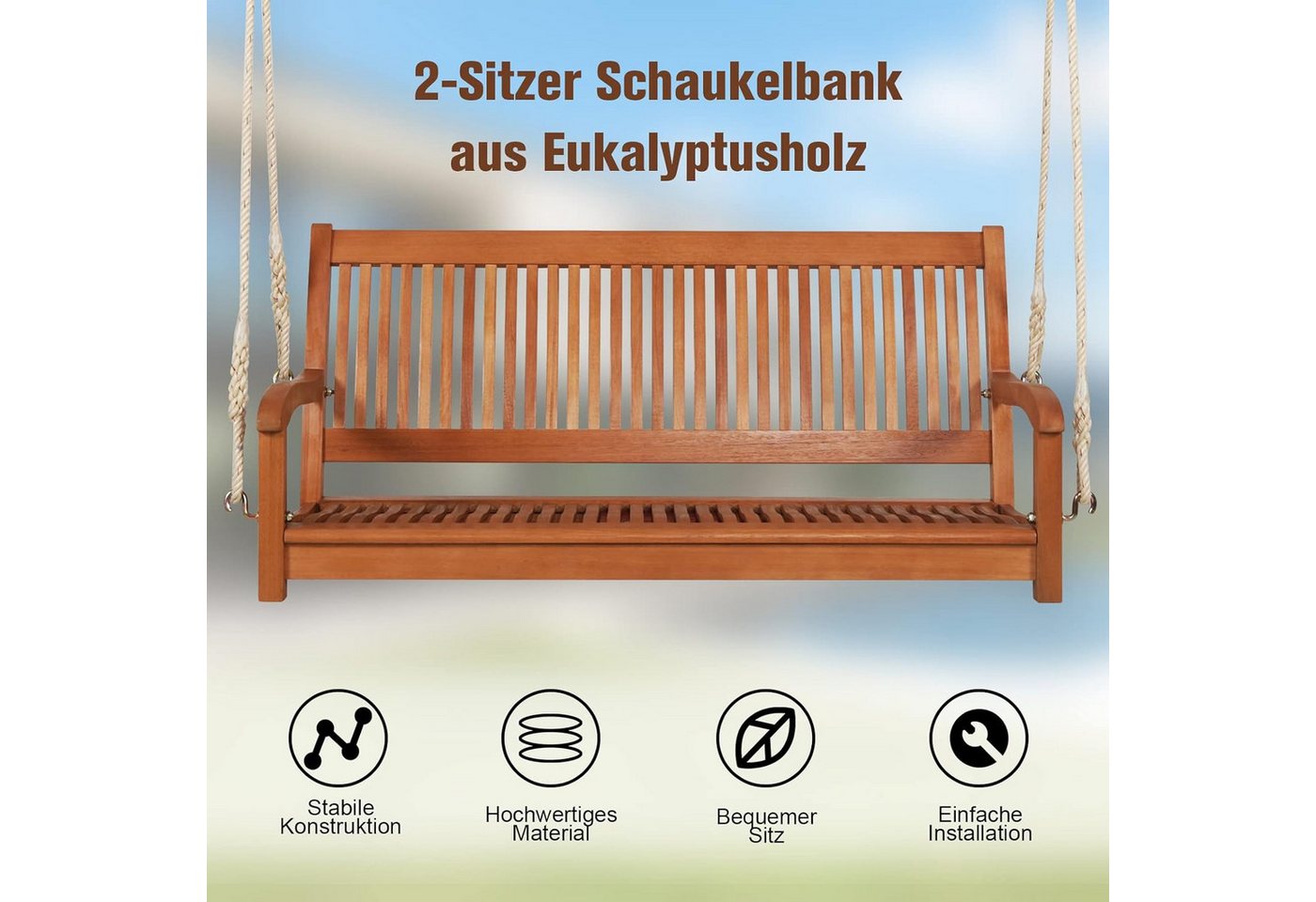 KOMFOTTEU Doppelschaukel Hängebank, aus Akazienholz, bis 360kg Belastbar Bild 5
