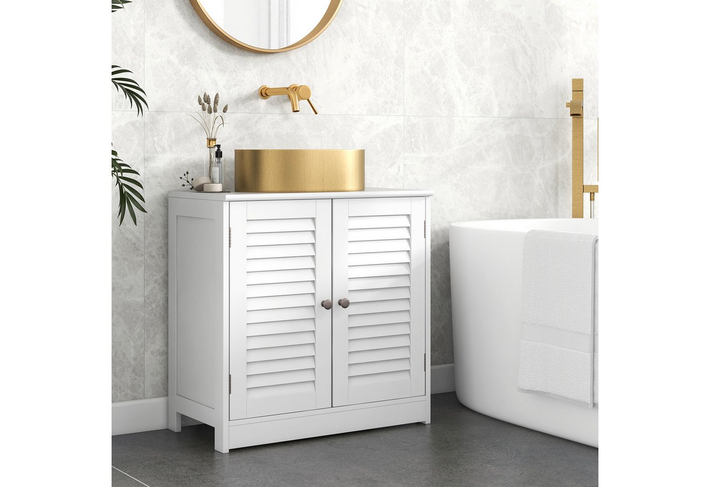 COSTWAY Waschbeckenunterschrank Badezimmerschrank mit 2 Lamellentüren, Weiß, 60x30x60cm