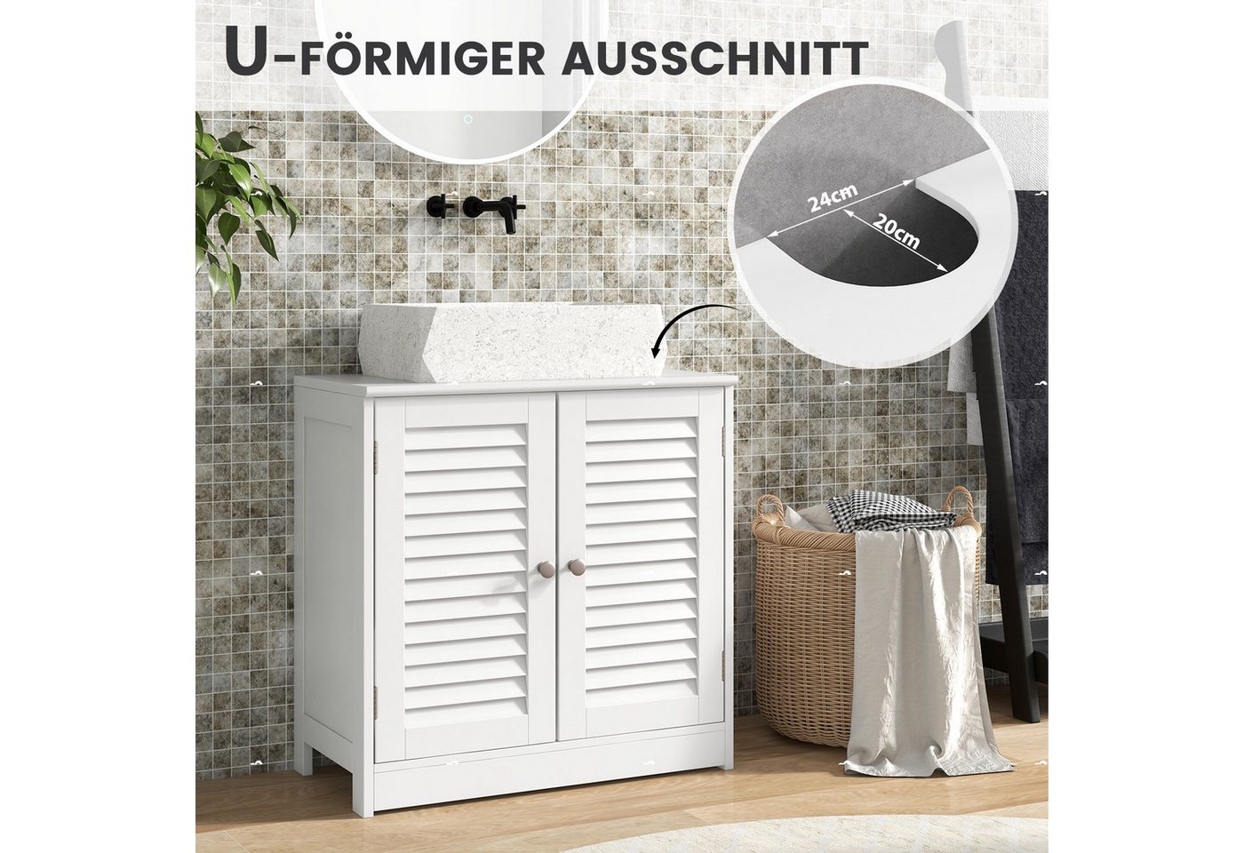 COSTWAY Waschbeckenunterschrank Badezimmerschrank mit 2 Lamellentüren, Weiß, 60x30x60cm Bild 2