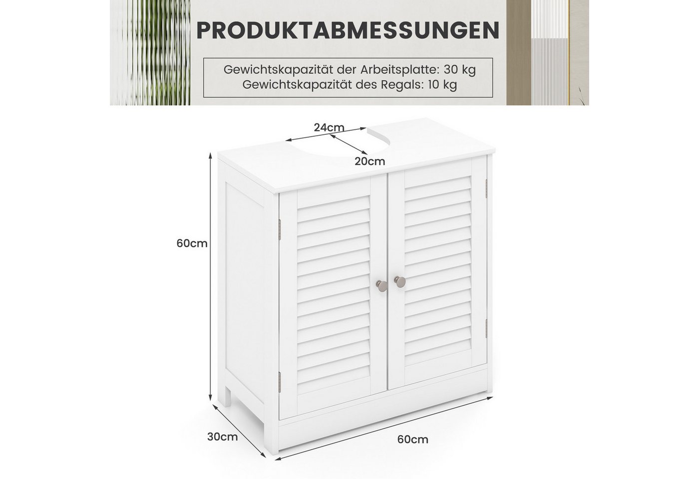 COSTWAY Waschbeckenunterschrank Badezimmerschrank mit 2 Lamellentüren, Weiß, 60x30x60cm Bild 5