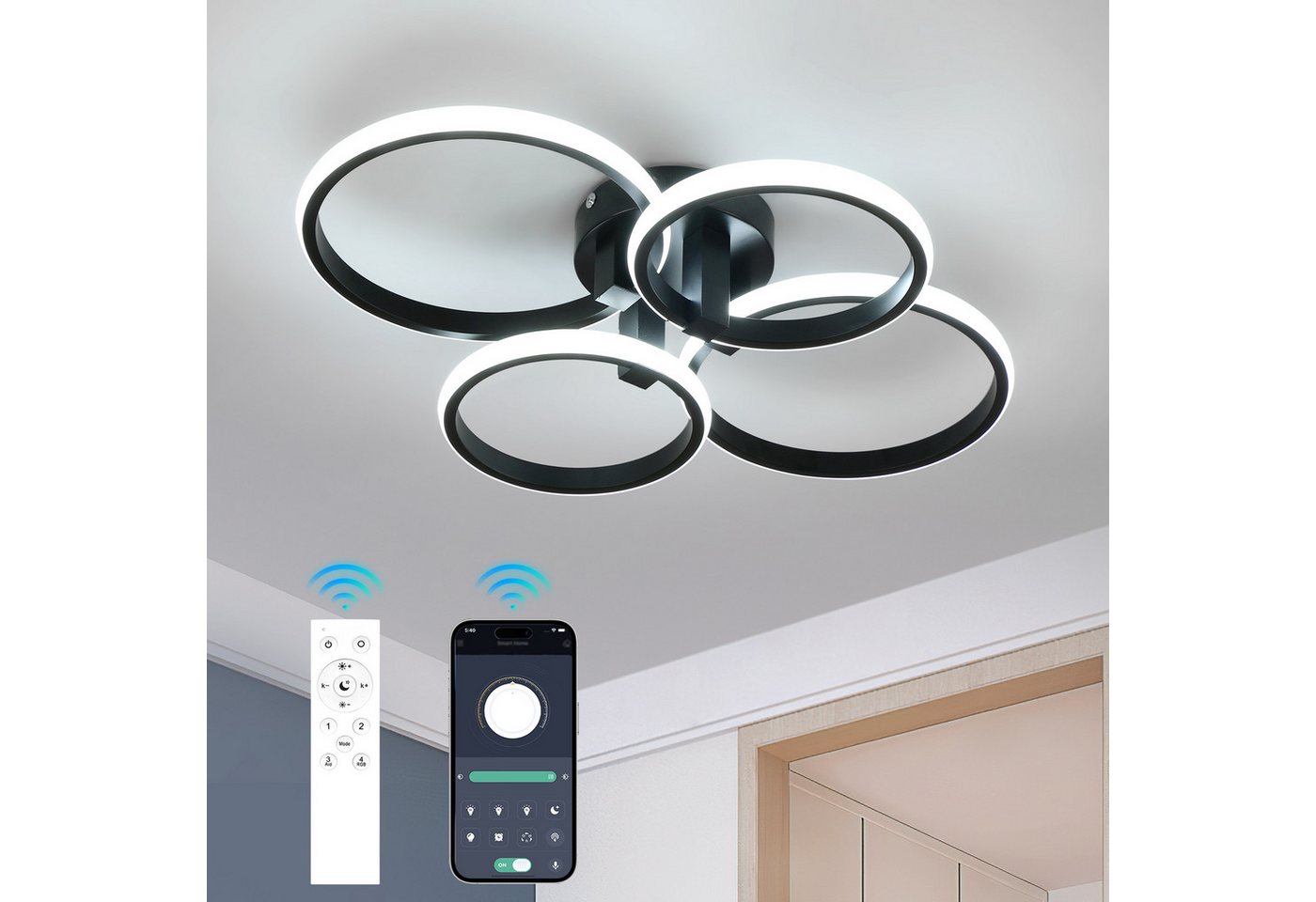 Riserva LED Deckenleuchte LED Deckenleuchte dimmbar 57W Schwarz 4 Ringe Fernbedienung, LED wechselbar, Energiesparend, kein Flimmern, Augenschutzdesign Bild 5