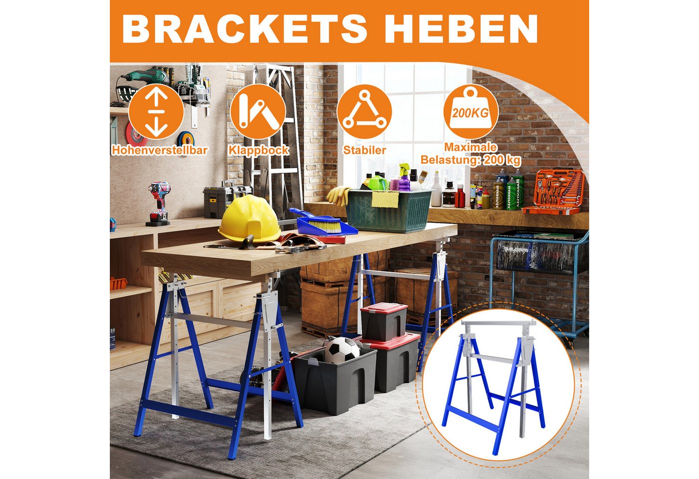 FIVMEN Gerüst Gerüstbock mit 7-fach höhenverstellbar 80-130 cm Arbeitsbock, (4 St), Zusammenklappbar Werkzeughalter Unterstellbock