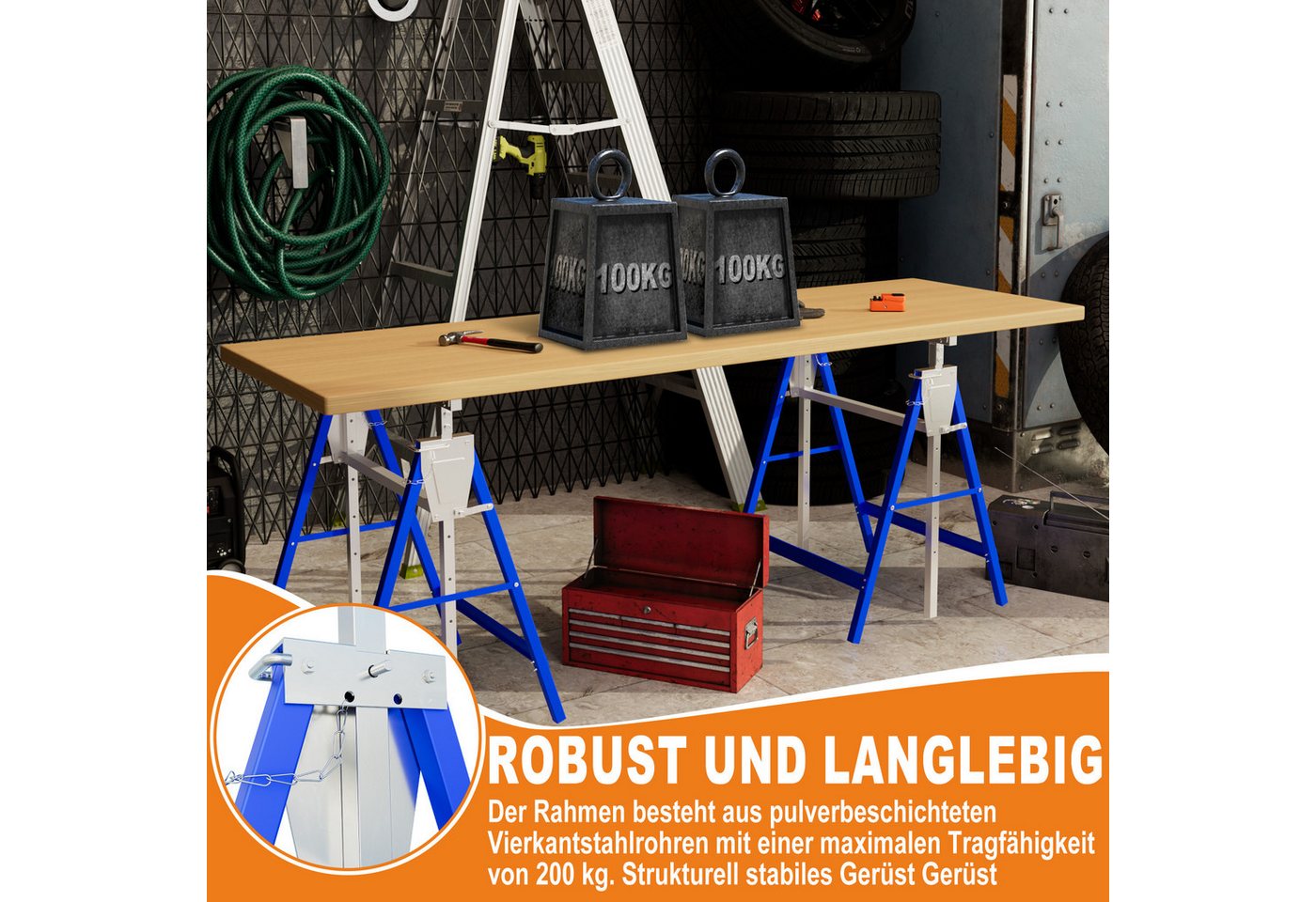 FIVMEN Gerüst Gerüstbock mit 7-fach höhenverstellbar 80-130 cm Arbeitsbock, (4 St), Zusammenklappbar Werkzeughalter Unterstellbock Bild 3