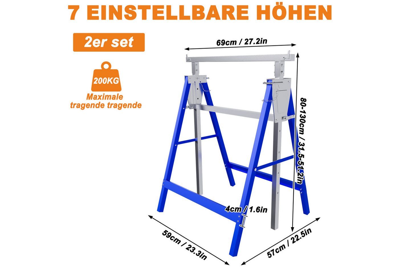 FIVMEN Gerüst Gerüstbock mit 7-fach höhenverstellbar 80-130 cm Arbeitsbock, (4 St), Zusammenklappbar Werkzeughalter Unterstellbock Bild 4