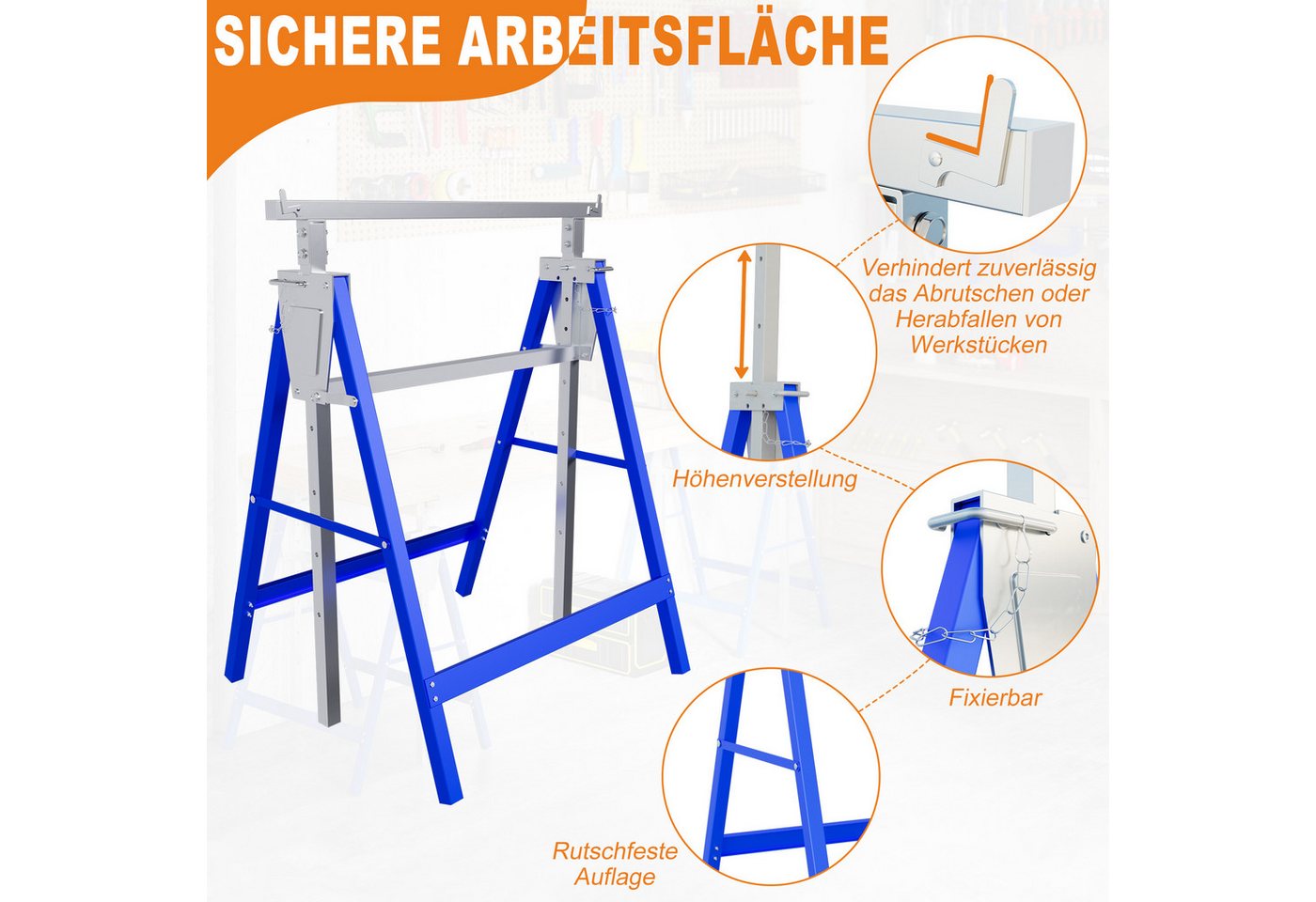 FIVMEN Gerüst Gerüstbock mit 7-fach höhenverstellbar 80-130 cm Arbeitsbock, (4 St), Zusammenklappbar Werkzeughalter Unterstellbock Bild 5