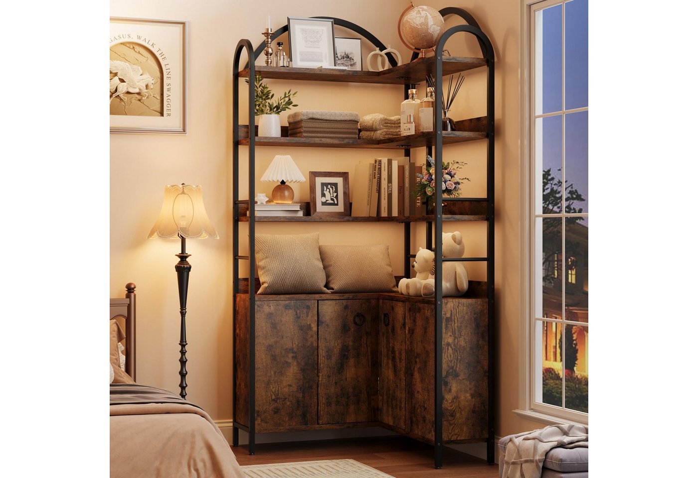 GarveeMore Bücherregal 6 Ebenen L-förmiges Eckregal Ablageregal Stauraumregal Mehrzweckregal, 189 cm Bogen Eckbücherregal Aktenregal Regal Standregal, Metallrahmen