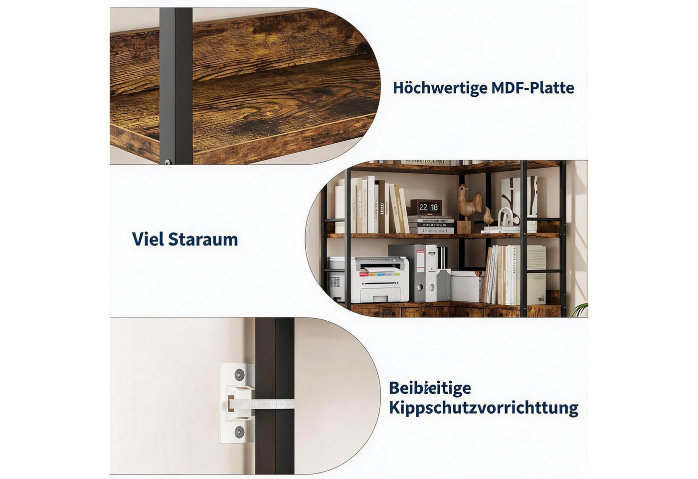 GarveeMore Bücherregal 6 Ebenen L-förmiges Eckregal Ablageregal Stauraumregal Mehrzweckregal, 189 cm Bogen Eckbücherregal Aktenregal Regal Standregal, Metallrahmen Bild 2