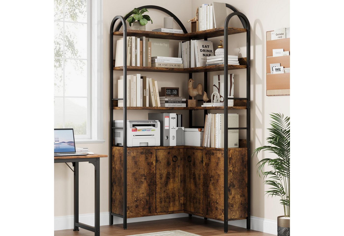 GarveeMore Bücherregal 6 Ebenen L-förmiges Eckregal Ablageregal Stauraumregal Mehrzweckregal, 189 cm Bogen Eckbücherregal Aktenregal Regal Standregal, Metallrahmen Bild 3