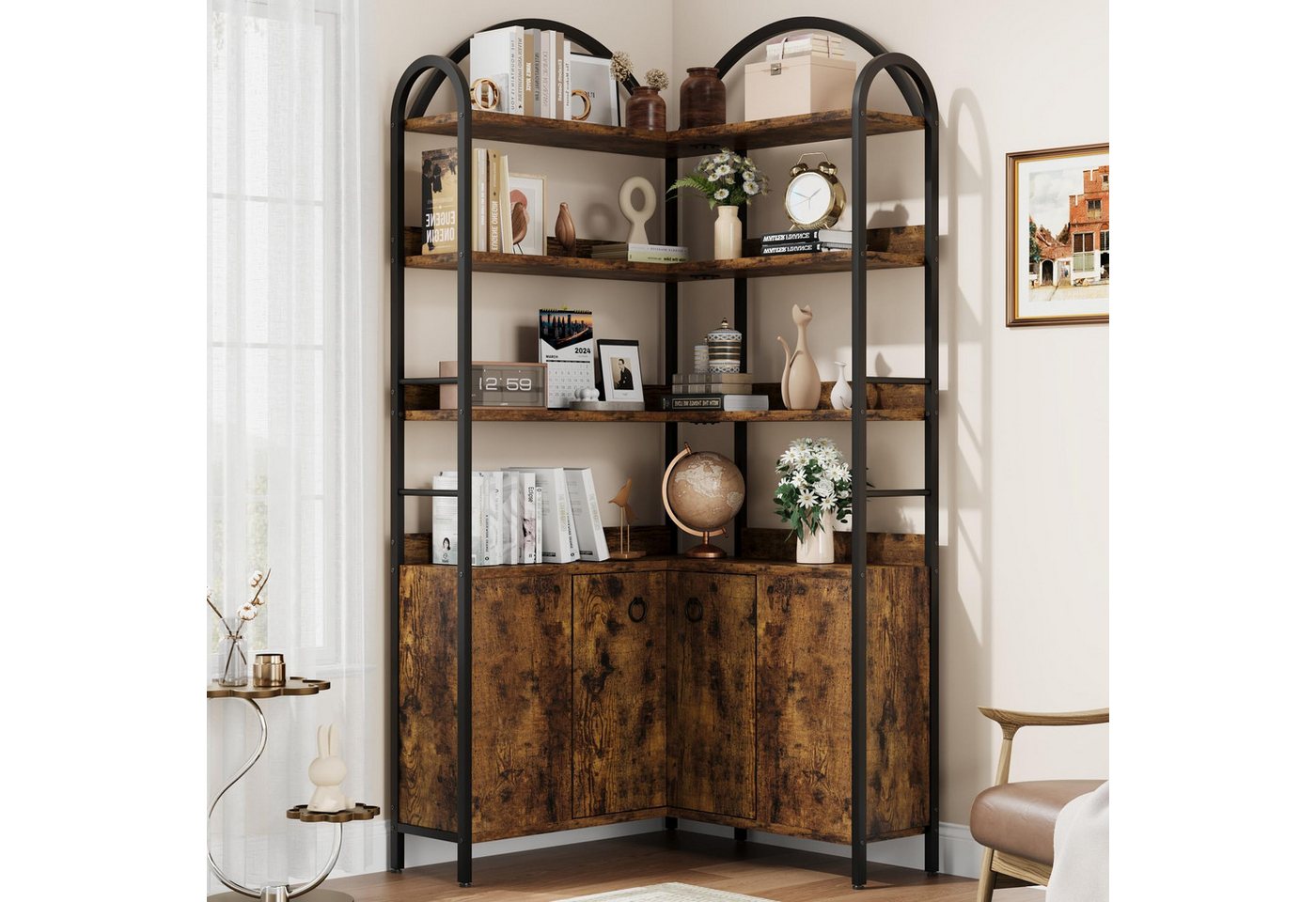 GarveeMore Bücherregal 6 Ebenen L-förmiges Eckregal Ablageregal Stauraumregal Mehrzweckregal, 189 cm Bogen Eckbücherregal Aktenregal Regal Standregal, Metallrahmen Bild 4