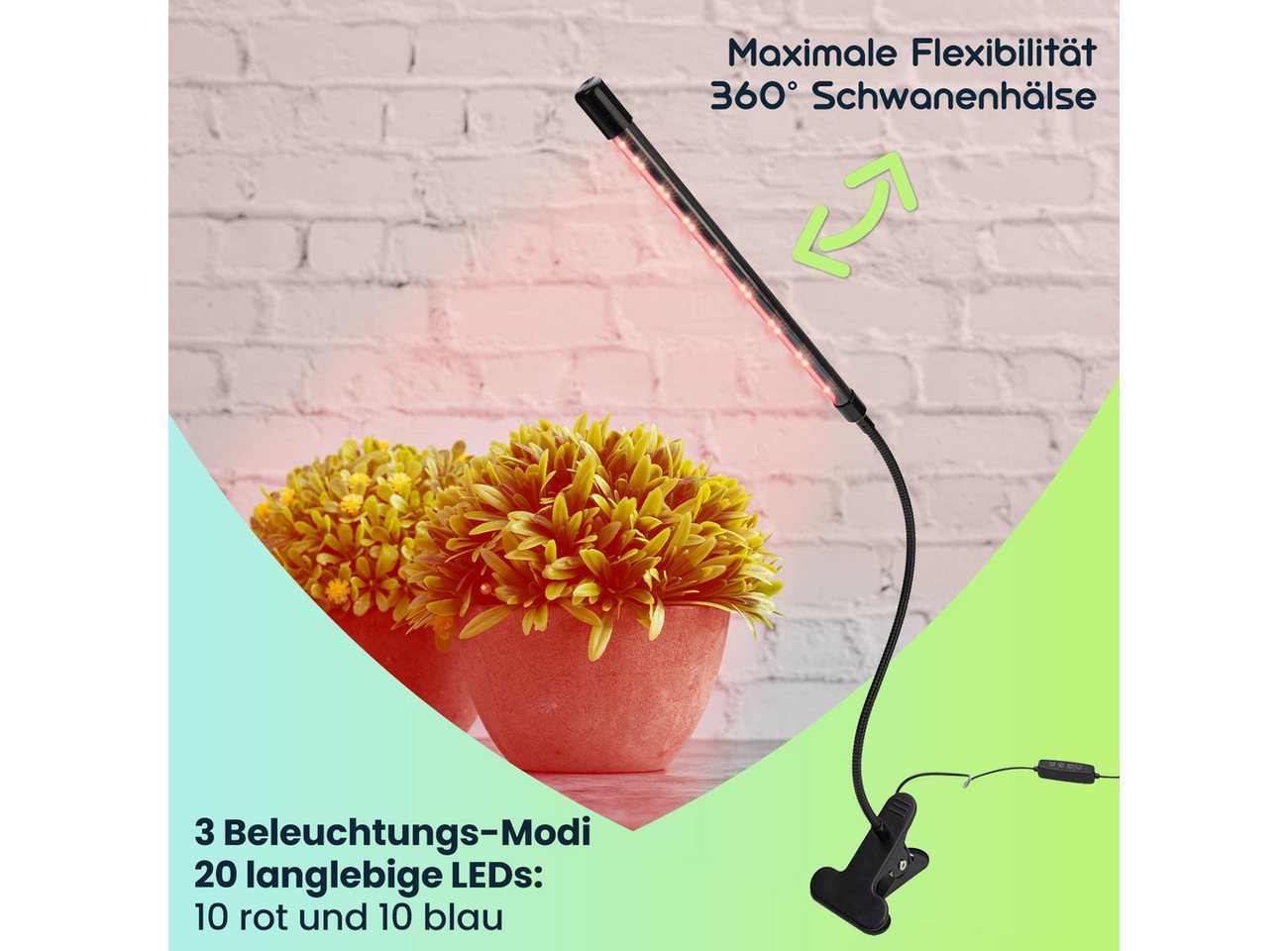Casativo Pflanzenlampe LED-Pflanzenlampe 360°-Schwanenhals Wachstumslampe 82 lm 20 LEDs, LED (20 LEDs: 10x rot, 10x blau, fest integriert), LED-Pflanzenlicht 3 Lichtmodi, 10 Dimmstufen & Timer mit USB-Anschluss Bild 4