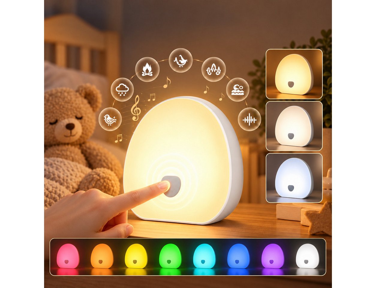 Vornix LED Nachtlicht LED Tischlampe Nachttischlampe, 3 Lichtfarben, Touch & Fernbedienung, Weißes-Rauschen-Nachtlicht mit 10 beruhigenden Klängen, dimmbarem RGB-Licht, 15/30-Min.-Timer, Lautstärkeregelung & USB-C, für Babyzimmer und Schlafzimmer Bild 2