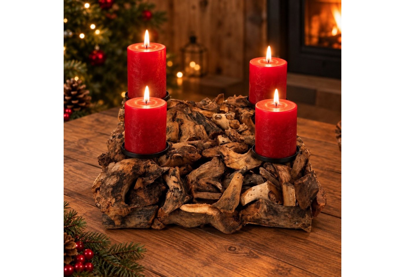 Online-Fuchs Adventskranz für Stumpenkerzen im natürlich Treibholz Look, eckig - Weihnachtsdeko, für eine warme und rustikale Atmosphäre in der Adventszeit Bild 2