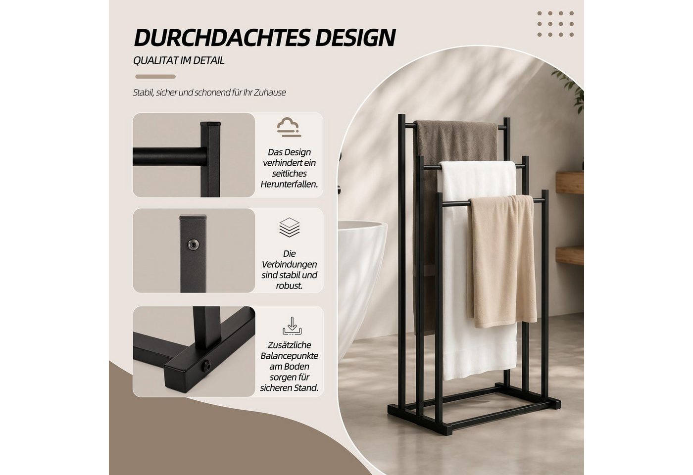 Kityhome Handtuchhalter Handtuchhalter freistehend, 3 Stufen, ohne Bohren, 86×44×21 cm, 3 versetzte Stufen,Ideal für Badezimmer, Sauna & Gästezimmer Bild 2