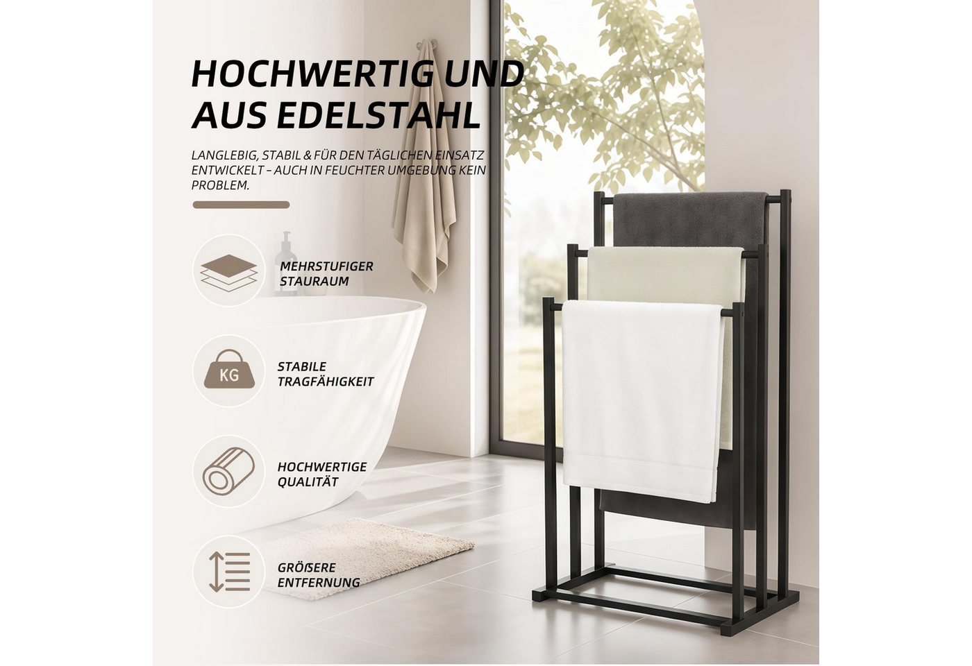 Kityhome Handtuchhalter Handtuchhalter freistehend, 3 Stufen, ohne Bohren, 86×44×21 cm, 3 versetzte Stufen,Ideal für Badezimmer, Sauna & Gästezimmer Bild 5