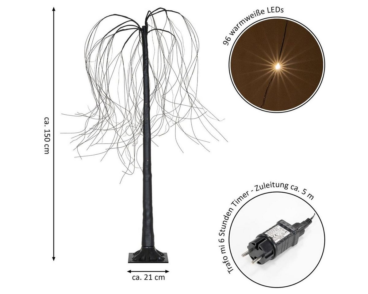 Nipach LED Baum Weidenbaum Trauerweide Deko-Baum 96 LED warm weiß schwarz 150 cm Timer, LED fest integriert, Warmweiß Bild 2