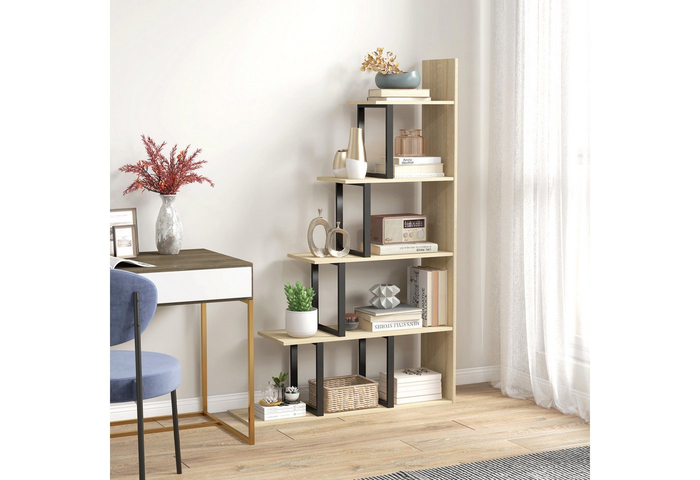 MC Star Bücherregal Stufenregal/Raumteiler im Industriestil mit 5 Ablagen, 102 x 30 x 160 cm, Eichenoptik