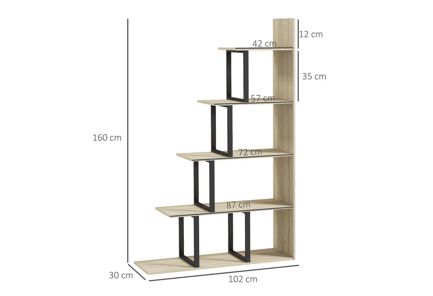 MC Star Bücherregal Stufenregal/Raumteiler im Industriestil mit 5 Ablagen, 102 x 30 x 160 cm, Eichenoptik Bild 4
