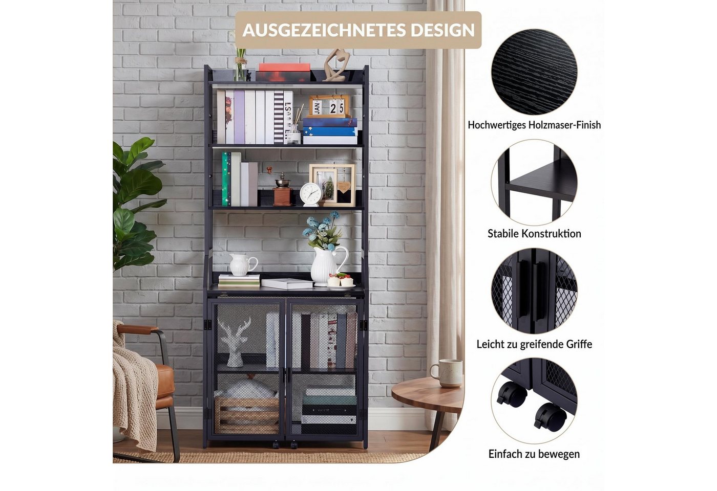 GarveeMore Regal-Schreibtisch 2-in-1, Kippschutz, Schranktür mit Rollen, 10 kg Traglast pro Ebene, aus Metall & Spanplatte, 180 x 60 x 25 cm, schwarz/weiß/braun