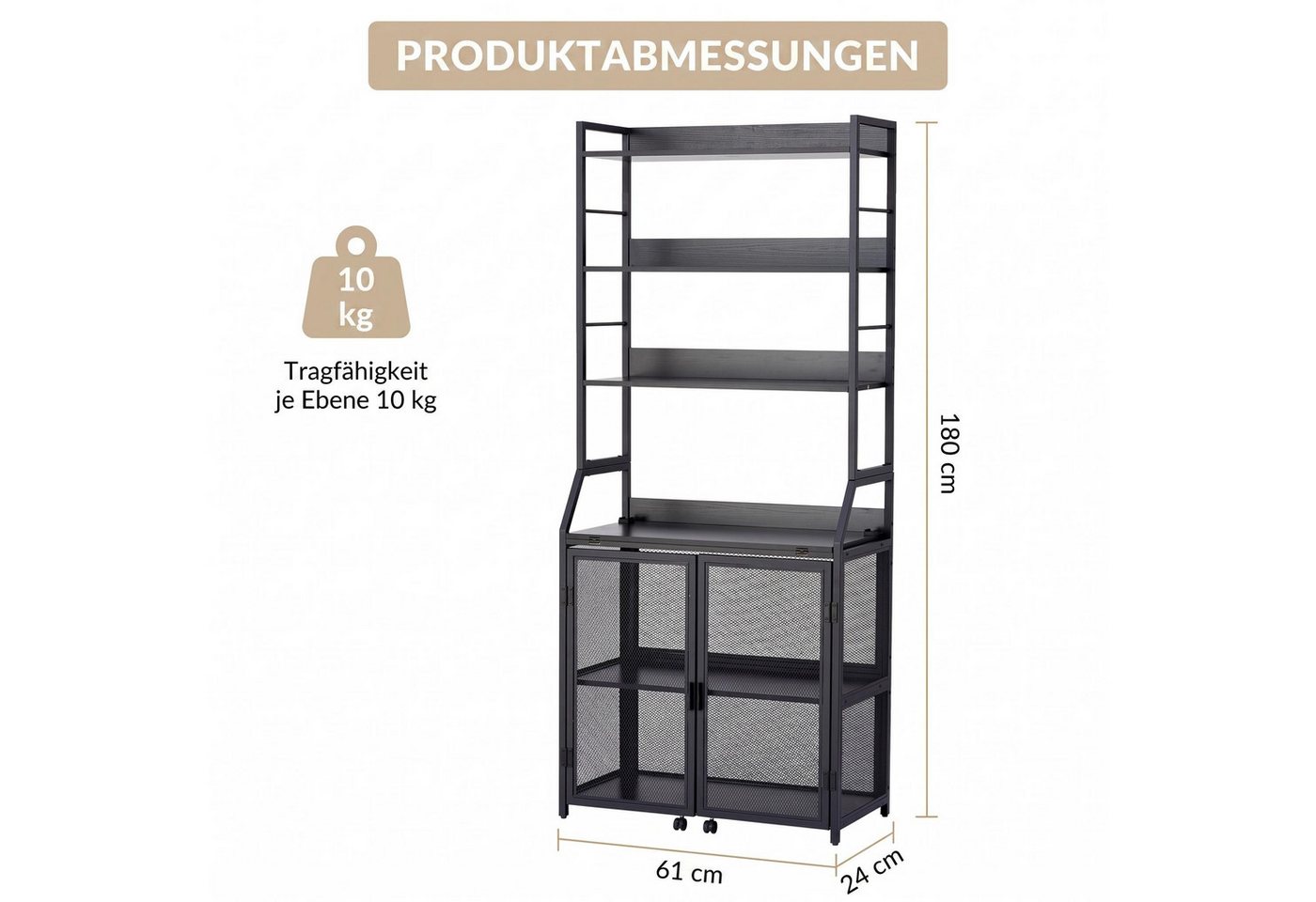GarveeMore Regal-Schreibtisch 2-in-1, Kippschutz, Schranktür mit Rollen, 10 kg Traglast pro Ebene, aus Metall & Spanplatte, 180 x 60 x 25 cm, schwarz/weiß/braun Bild 2