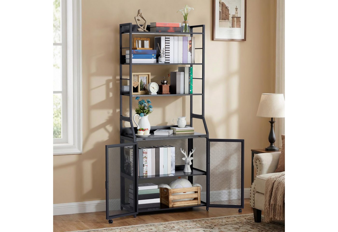 GarveeMore Regal-Schreibtisch 2-in-1, Kippschutz, Schranktür mit Rollen, 10 kg Traglast pro Ebene, aus Metall & Spanplatte, 180 x 60 x 25 cm, schwarz/weiß/braun Bild 3