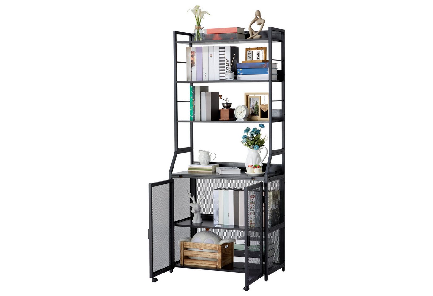 GarveeMore Regal-Schreibtisch 2-in-1, Kippschutz, Schranktür mit Rollen, 10 kg Traglast pro Ebene, aus Metall & Spanplatte, 180 x 60 x 25 cm, schwarz/weiß/braun Bild 4