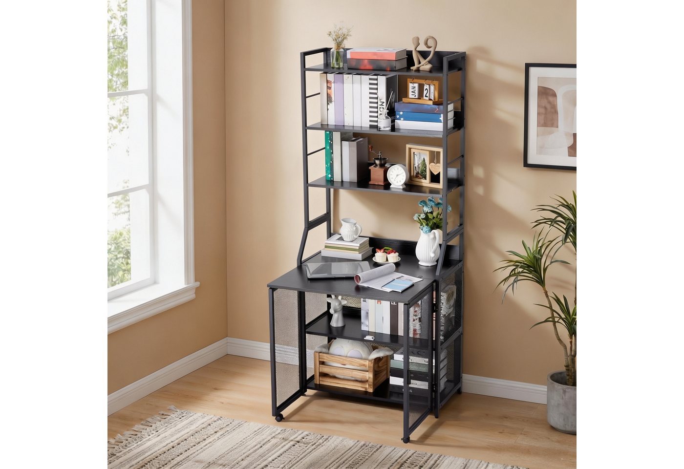 GarveeMore Regal-Schreibtisch 2-in-1, Kippschutz, Schranktür mit Rollen, 10 kg Traglast pro Ebene, aus Metall & Spanplatte, 180 x 60 x 25 cm, schwarz/weiß/braun Bild 5