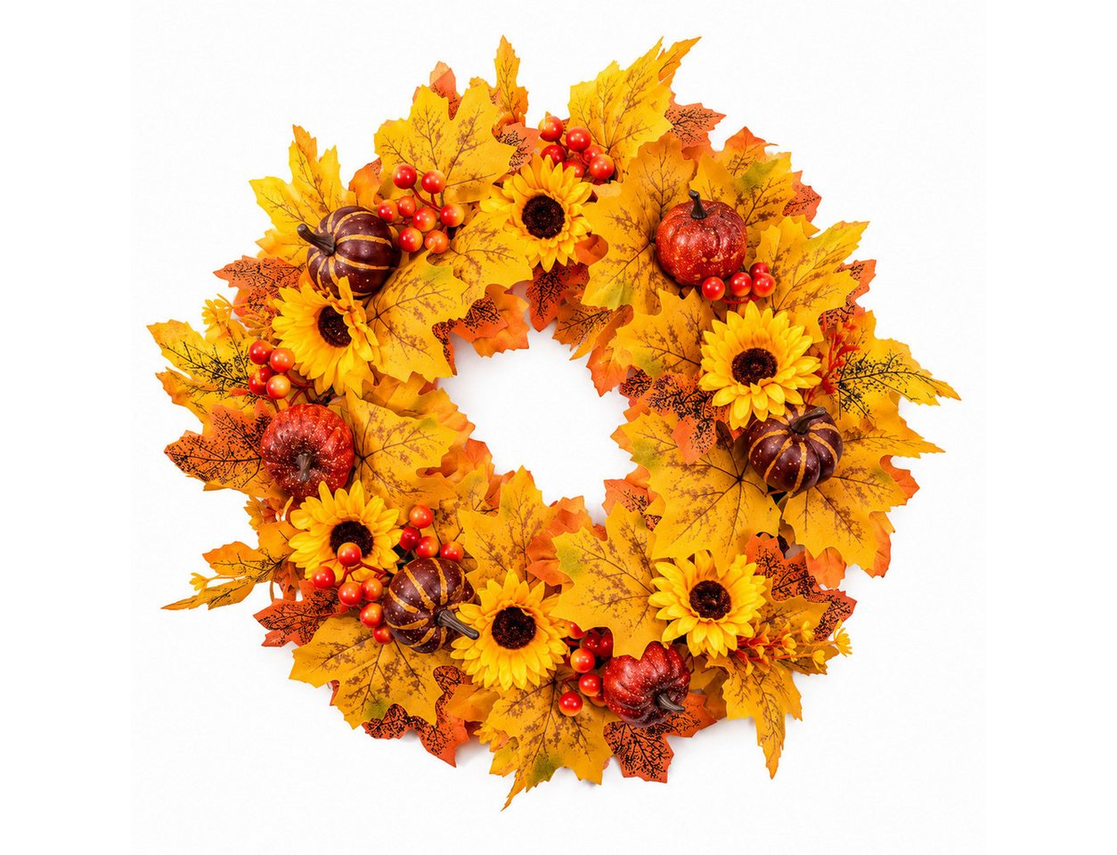 Sorvyzxn Dekokranz Herbstkranz 48 cm, Türkranz mit Ahornblättern für Halloween, Mit Sonnenblumen, Kürbissen & Beeren für Herbst- und Halloween Deko