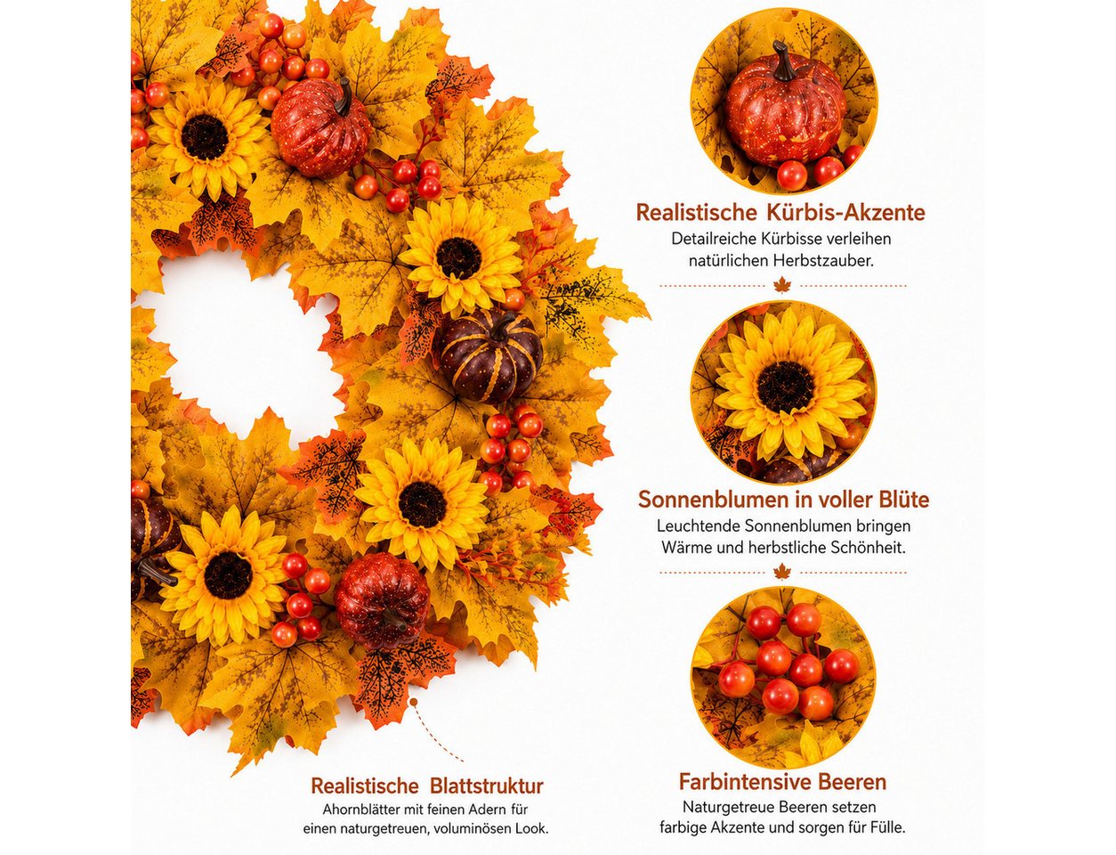 Sorvyzxn Dekokranz Herbstkranz 48 cm, Türkranz mit Ahornblättern für Halloween, Mit Sonnenblumen, Kürbissen & Beeren für Herbst- und Halloween Deko Bild 2