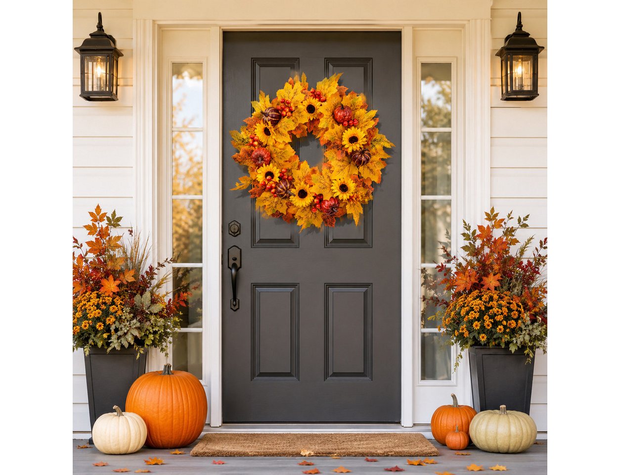 Sorvyzxn Dekokranz Herbstkranz 48 cm, Türkranz mit Ahornblättern für Halloween, Mit Sonnenblumen, Kürbissen & Beeren für Herbst- und Halloween Deko Bild 3