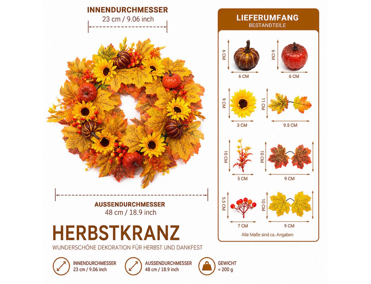 Sorvyzxn Dekokranz Herbstkranz 48 cm, Türkranz mit Ahornblättern für Halloween, Mit Sonnenblumen, Kürbissen & Beeren für Herbst- und Halloween Deko Bild 4
