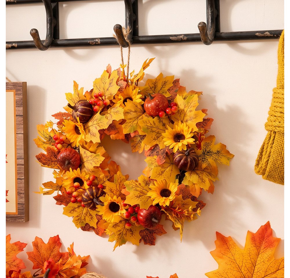 Sorvyzxn Dekokranz Herbstkranz 48 cm, Türkranz mit Ahornblättern für Halloween, Mit Sonnenblumen, Kürbissen & Beeren für Herbst- und Halloween Deko Bild 5