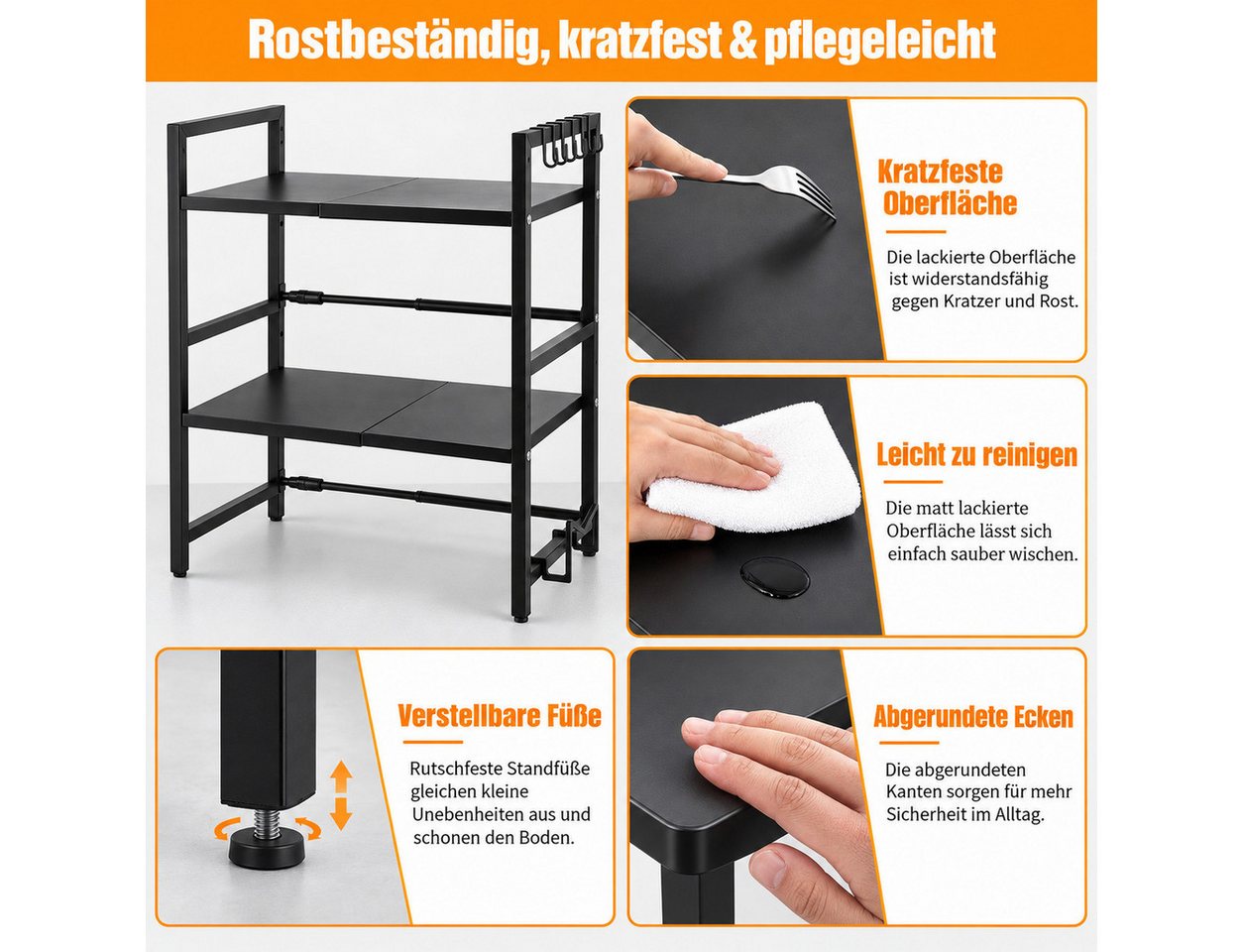 LEMLIT Küchenregal Mikrowellenregal ausziehbar 40–60 cm, 6 Haken und Schneidebretthalter, 1er Set 1-tlg., 2 Ebenen, Arbeitsplattenregal für Mikrowelle und Gewürze Bild 2