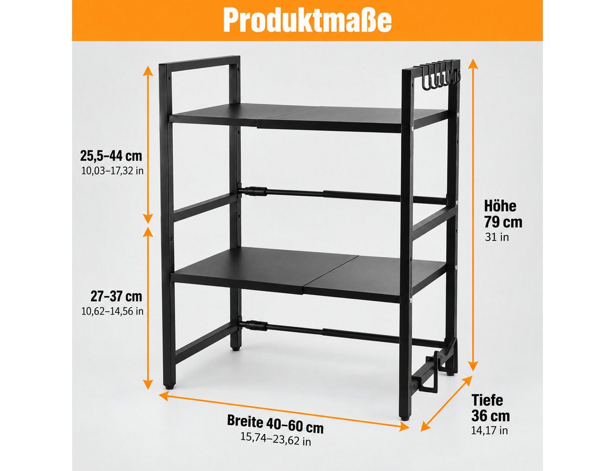 LEMLIT Küchenregal Mikrowellenregal ausziehbar 40–60 cm, 6 Haken und Schneidebretthalter, 1er Set 1-tlg., 2 Ebenen, Arbeitsplattenregal für Mikrowelle und Gewürze Bild 3